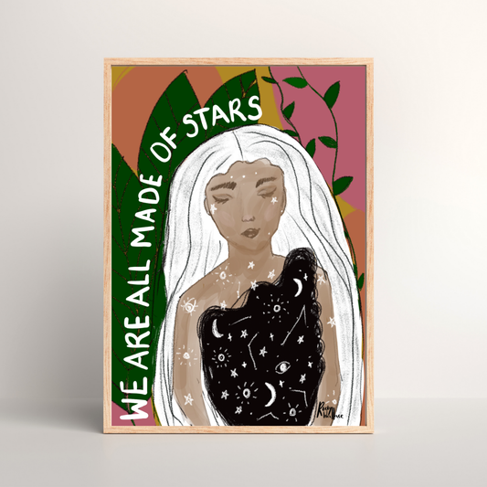 Celestial Woman A3 / A4 Art Print – We Are All Made of Stars - Boho Botanical Wall Art - Unframed
