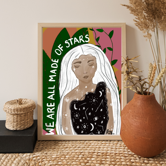 Celestial Woman A3 / A4 Art Print – We Are All Made of Stars - Boho Botanical Wall Art - Unframed