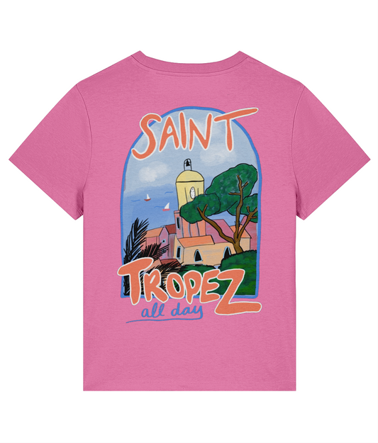 Bubblegum Pink Organic Cotton T-Shirt – Saint Tropez All Day Illustration, Colourful Summer Tee