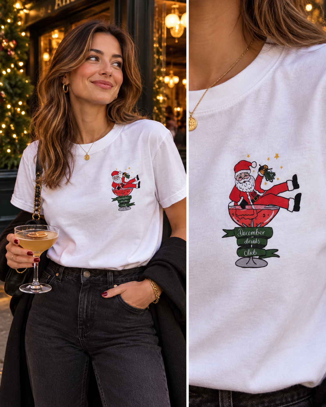 A woman at an East London Bar wearing a white graphic T-shirt with a Santa Claus illustration and the text 'december drinks club' on the front, shown in a split lifestyle image with a close-up of the shirt graphic.