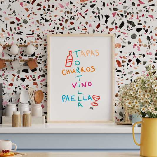 Spanish Tapas Word Art Print – Paella, Churros, Tortilla & Vino Foodie A4/A3 Wall Art - Unframed