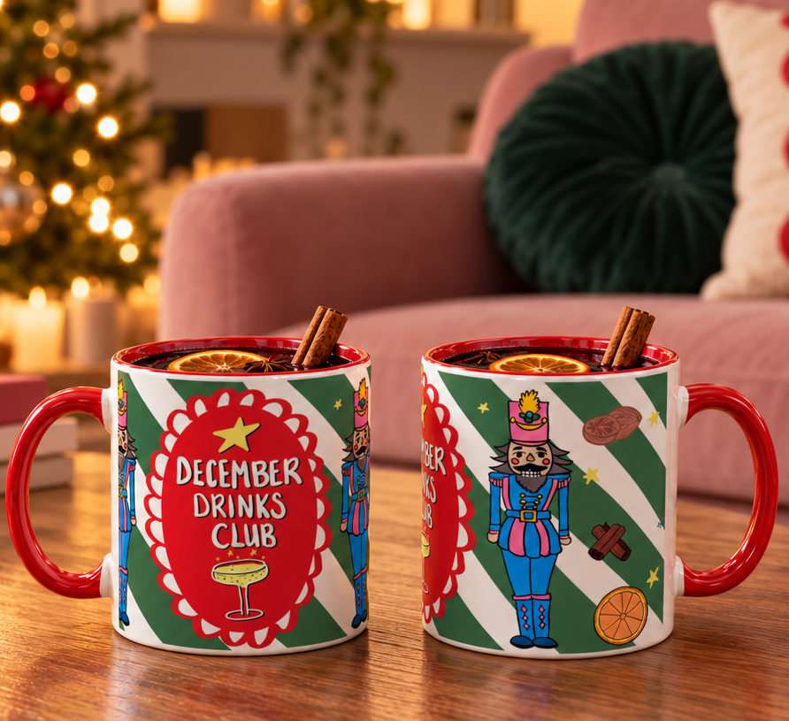 December drinks club mulled wine mug with nutcrackers and spices in situ