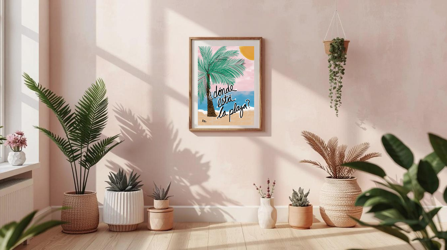 ¿Dónde Está La Playa? A4/A3 Coastal Palm Tree Beach Wall Art Print - Unframed