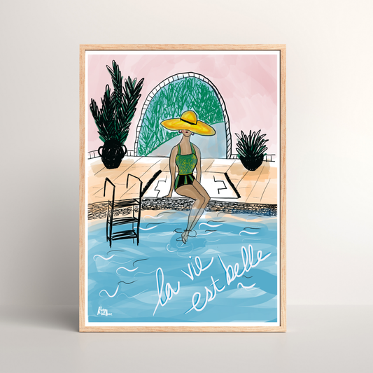 La Vie Est Belle – Boho Mediterranean Poolside A4/A3 Art Print - Relaxed Travel-Inspired Wall Art - Unframed