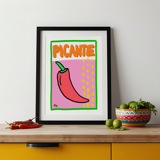 Picante Spicy Chili Pepper A4/A3 Wall Art Print - Bold Pink & Red Kitchen Décor - Unframed