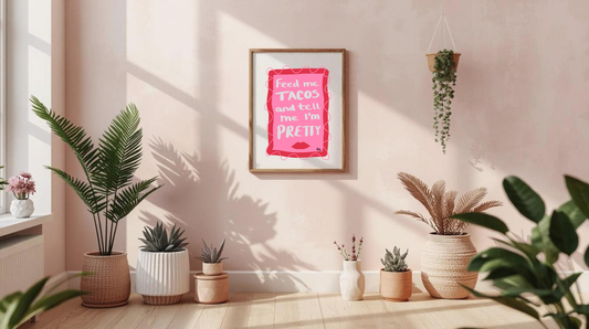 Feed Me Tacos and Tell Me I’m Pretty – Quirky Pink & Red Print - Fun Kitchen & Bar Décor A4/A3 wall art - Unframed