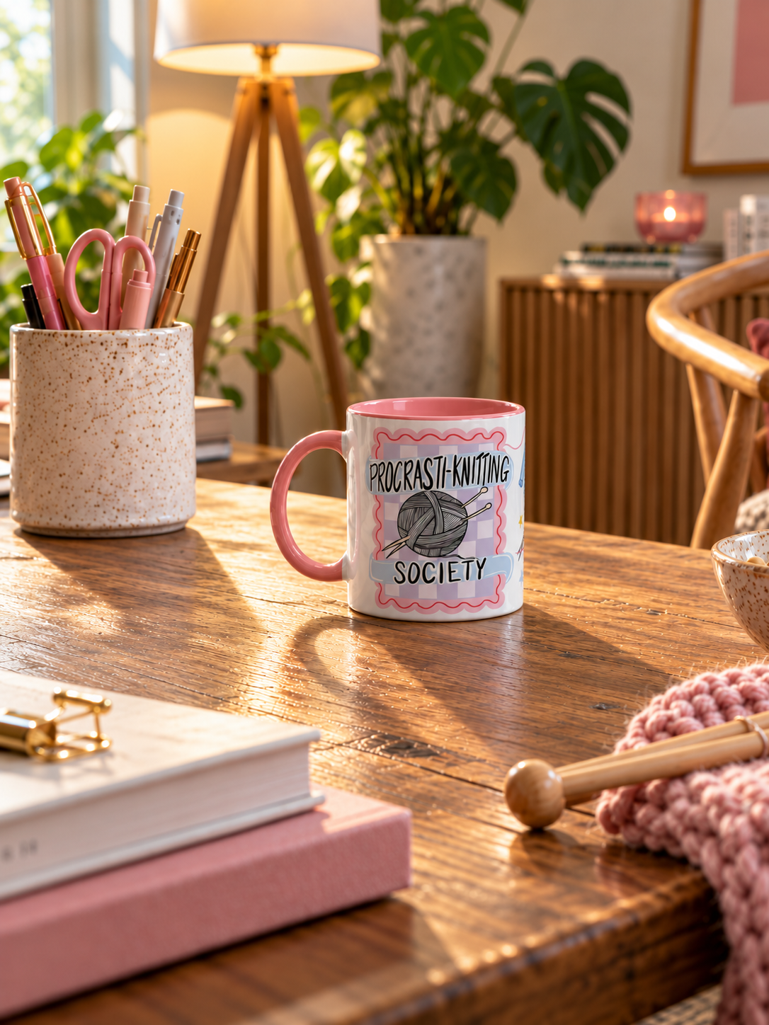 A pink ceramic mug with the words 'PROCRASTI-KNITING SOCIETY' and a knitting illustration, placed on a wooden table in a cozy, sunlit room with plants, books, and stationery.
