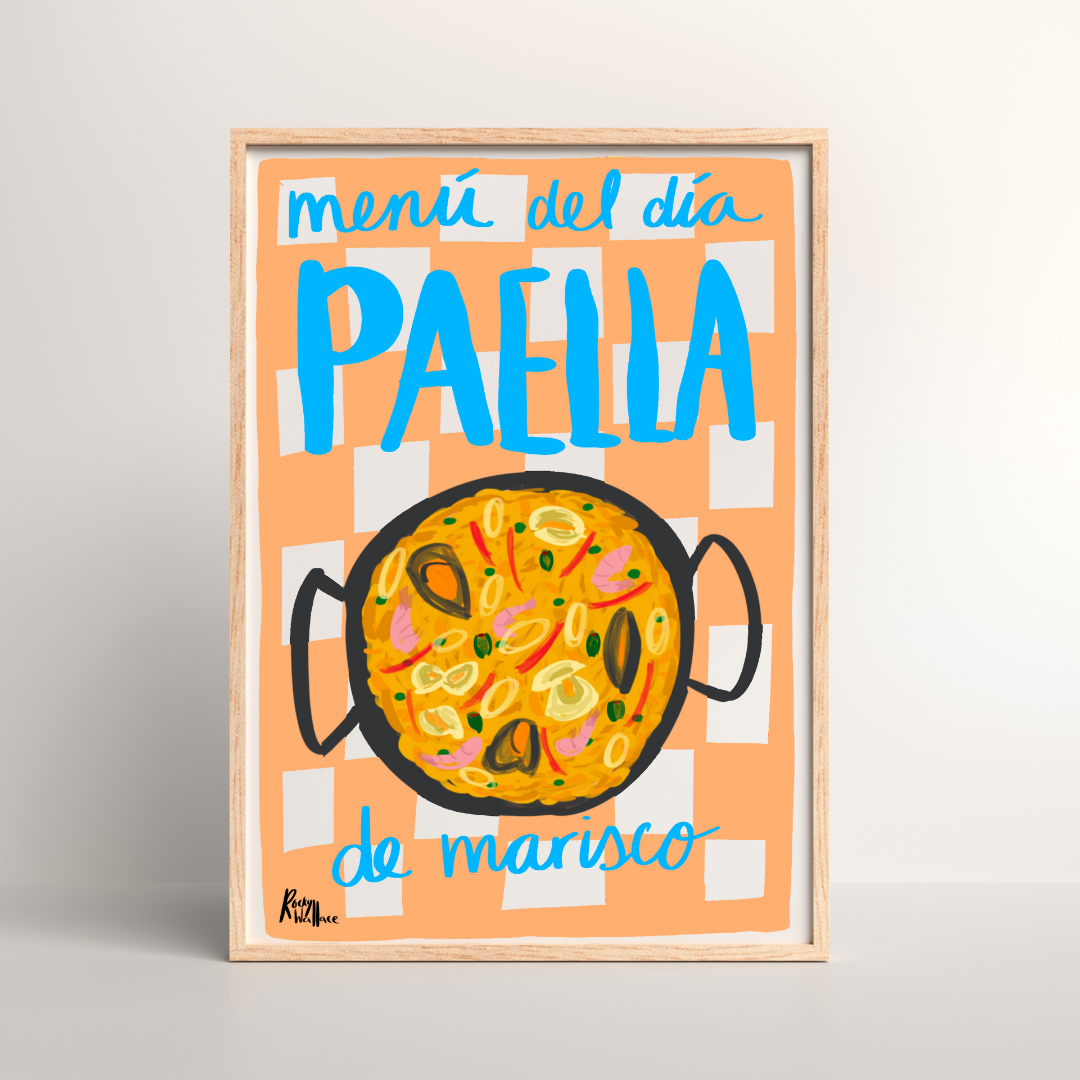 Menú del Día – Paella de Marisco - Rustic Spanish Kitchen Wall Art Print A5/A4/A3 Print - Spanish Food