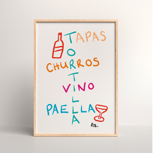 Spanish Tapas Word Art Print – Paella, Churros, Tortilla & Vino Foodie A4/A3 Wall Art - Unframed
