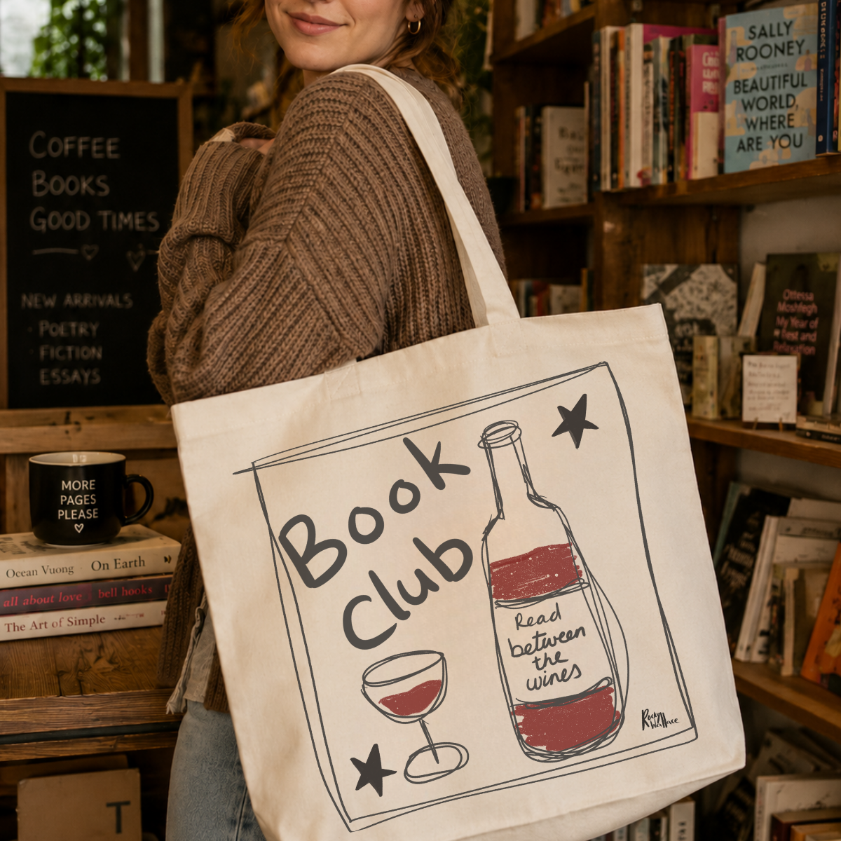 Book Club / Wine Club, Large Tote Bag, Gifts for Book Worms