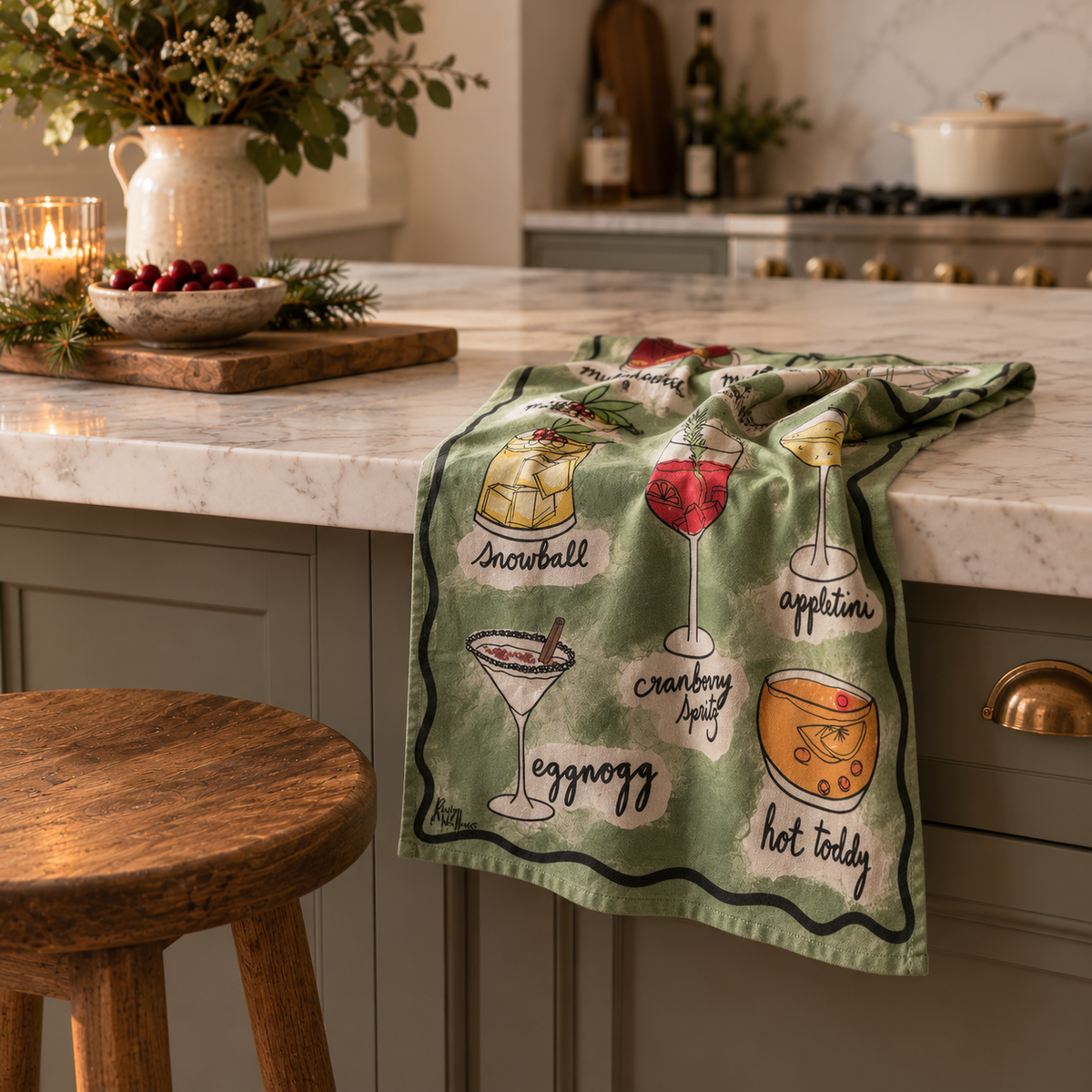Christmas cocktails drinks menu on a kitchen counter as a gift for a host
