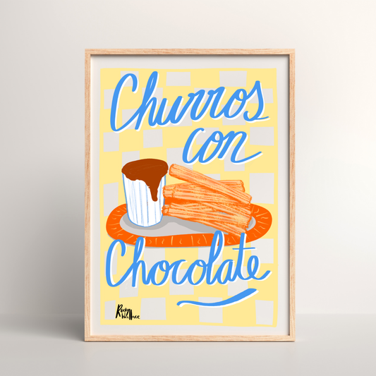 Churros con Chocolate Art Print, Spanish Dessert Illustration, Kitchen Wall Art / Café & Food Lover Decor