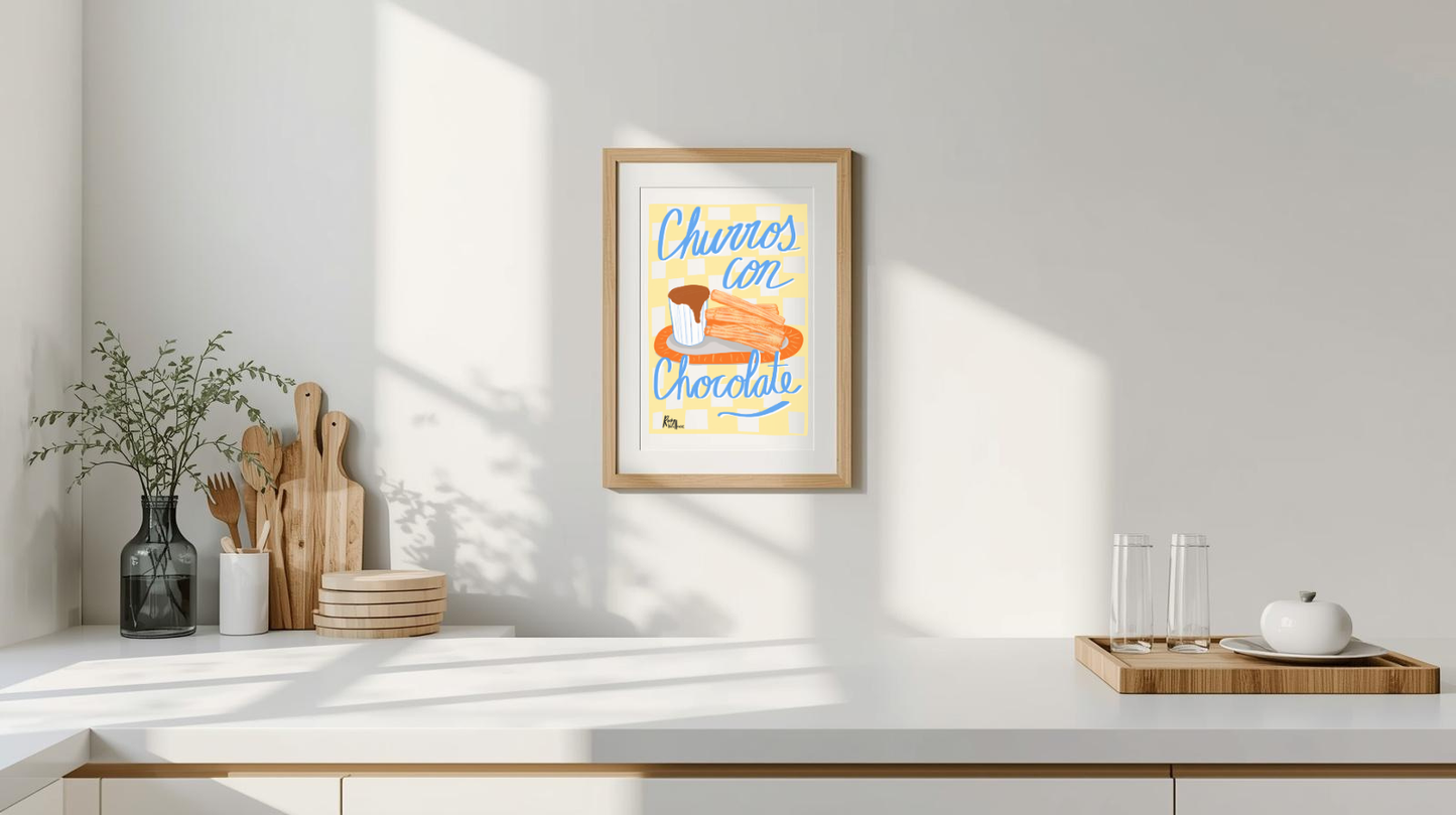 Churros con Chocolate Art Print, Spanish Dessert Illustration, Kitchen Wall Art / Café & Food Lover Decor