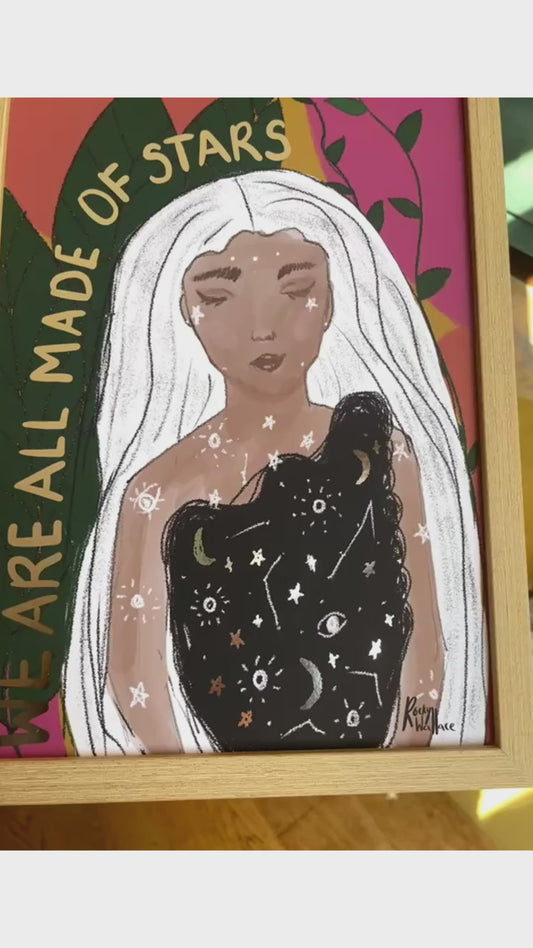 Celestial Woman A3 / A4 Metallic Silver Art Print – We Are All Made of Stars - Boho Botanical Wall Art