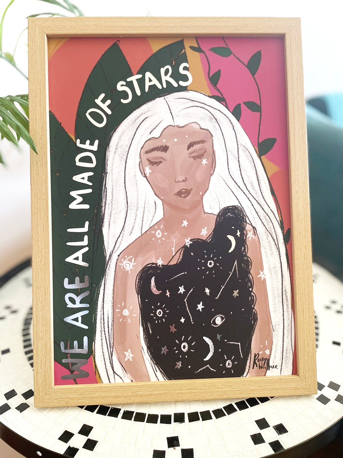 Celestial Woman A3 / A4 Metallic Silver Art Print – We Are All Made of Stars - Boho Botanical Wall Art