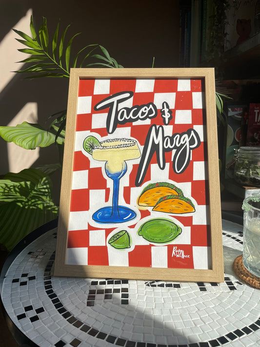 Tacos and Margs Art Print - Colourful Cocktail Maximalist Wall Art A5/A4/A3 sizes (Framed and Unframed)